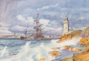 Indsejling til Falmouth Havn (farvelitografi) af Charles William Wyllie