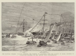 Den egyptiske damper Fayoum kommer ind i havnen i Alexandria med Khedive om bord, eskorteret af kystvagtkrydsere, på retur fra Konstantinopel af Charles William Wyllie