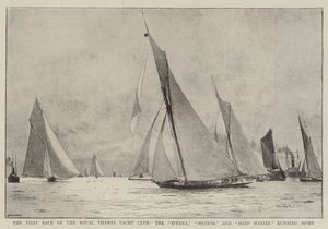 Det første kapløb i Royal Thames Yacht Club, Iverna, Meteor og Maid Marian kører hjem af Charles William Wyllie