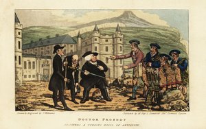En skotsk murer informerer engelske turister om, at deres rustne gamle falchion-sværd er en moderne klinge af Andrea Ferrara foran Holyrood Palace, Edinburgh