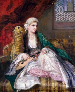 Orientalisme: Europæisk "orientalsk skønhed" iført turban og slør (tyrkisk stil) ligger ned med et musikinstrument. Maleri af Charles Wynne Nicholls (1831-1903) (prerafaelit) 1865