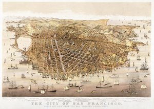 The City of San Francisco, fugleperspektiv fra bugten, der ser sydvest, udgivet af Currier & Ives af Charles Richard Parsons