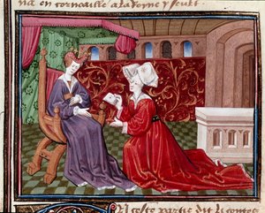 En tjenestepige iført et brev til dronning Iseult (eller fornærmelse) miniature taget fra "" Romanesque du Chevalier Tristan"" af mester Charles af Maine 1440-1460. Chantilly, Conde Museum