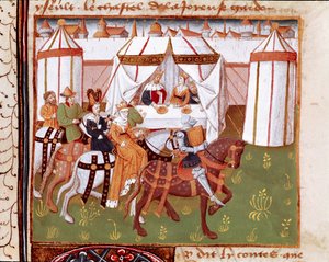 Ankomst af riddere til festen givet af kong Arthur og dronning Guenievre ved Camelot (Camaloth eller Camaaloth) Miniature taget fra "" Romanesque du Chevalier Tristan"" af mester Charles af Maine 1440-1460. Chantilly, Conde Museum