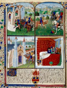Illustration af Tristans roman: start, turnering og død. Miniature af Mesteren Dit De Charles Du Maine (ca. 1450 - 1460). Chantilly, Musee Conde