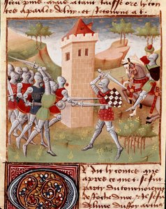 Lancelot du Lac kæmpende riddere Miniature taget fra "" Roman du Chevalier Tristan"" af Master Charles de Maine (Beroul-version). 1440-1460. Chantilly, Condé Museum