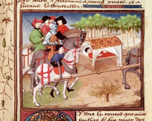 Lucan-sår af Tristan Miniature taget fra "" Romanesque du Chevalier Tristan"" af mesteren Charles de Maine (Beroul-version)