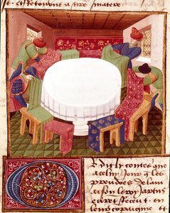 Forberedelser til det runde bord ved ankomsten af miniatureridderne taget fra "" Romanesque du Chevalier Tristan"" af Mester Charles de Maine (Beroul-version). 1440-1460. Chantilly, Conde Museum