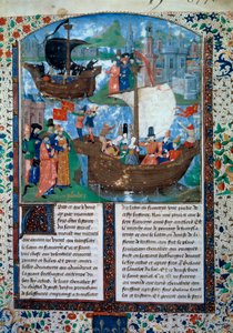 Tristan og Iseult (Isolde eller Yseult) forlader Irland, Tristan drikker kærlighedsfilteret. Inderst inde bliver deres to lig bragt tilbage til Irland. Miniature fra manuskript frk. 103 f.1 Romanen om Tristan”” tilskrevet mesteren Charles af Maine. 15. årh