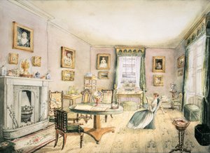 The Drawing Room, East Wood, Hay, f54 fra et album med interiør, 1843 af Charlotte Bosanquet