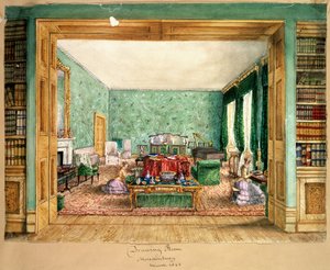 The Drawing Room at Meesdenbury, f13 fra An Album of Interiors, 1843 (wc på papir) af Charlotte Bosanquet