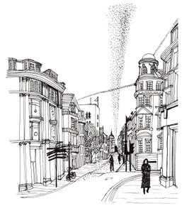 Cornmarket Street, 2019 (pen og blæk) af Charlotte Orr