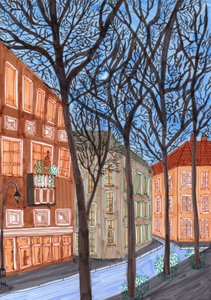 Friedrichshain om natten, 2017 (børstepenne) af Charlotte Orr