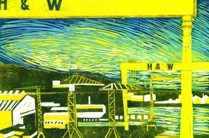 Harland & Wolff Cranes, Belfast, 2022 (linoprint) af Charlotte Orr