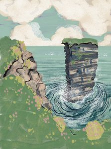 Kystklipper og fritstående klippe i havet af Charlotte Trudgett