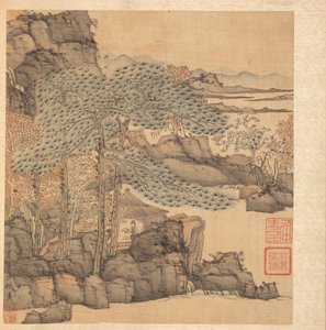 Malerier efter antikke mestre: Forskerlæsning i en stråtækt hytte ved et vandfald, 1598-1652. af Chen Hongshou