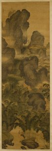Tårnhøje bjerge og fantastiske vandfald, ca. 1600 (blæk og farve på silke) af Chenglong Zhang