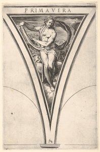 Spring Primavera repræsenteret som en kvinde, der bærer en bølgende drapering og guirlander..., ca. 1570-1615. af Cherubino Alberti