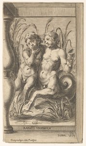 To tritoner omfavnende, den ene spiller panserør, den anden holder en konkylie anbragt inden for ..., 1579. af Cherubino Alberti