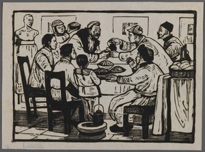 Lad os få en drink for at fejre nytårsaften, ca. 1945 (træsnit) af Chi Kwei Sung
