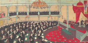 Illustration af den kejserlige forsamling i House of Peers Teikoku gikai kizokuin no zu..., 1890.