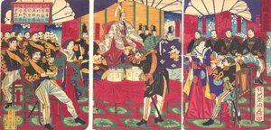 Illustration af de ærede befalingsmænd, der modtager kejserens gavekop Kunko..., september, 1877. af Chikanobu Yoshu