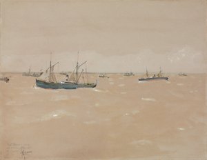 Frugtdampere, der kører et slag ud for Spaniens kyst af Childe Frederick Hassam