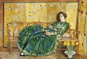 April: (Den grønne kjole) af Childe Hassam