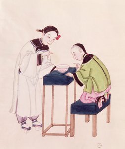 En pige på udkig efter held i en skål med vand (wc på papir) af Chinese School