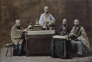 En gruppe kinesiske bonzes; graveret og trykt af Gilot; 1896 af kinesisk skole, (1800-tallet) af Chinese School
