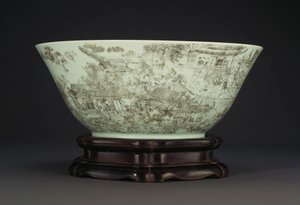 En stor indskåret porcelænsskål, der viser en kontinuerlig scene af damer på paladsområdet, 1796-1820 af Chinese School