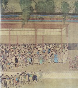 Gamle kinesiske venter på undersøgelsesresultater, faksimile af original kinesisk rulle af Chinese School
