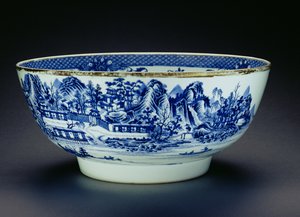 Blå og hvid skål dekoreret med en scene, der viser fremstillingen af porcelæn (porcelæn) (se 208012)