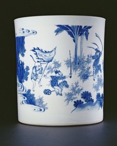 Blå og hvid penselpotte malet med en dame og drenge, der leger på hobbyheste, Chongzheng, 1630-44 (porcelæn) (se 205936)