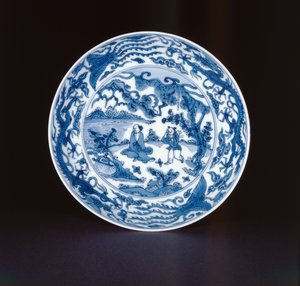 Blåt og hvidt fad malet med en salvie og ledsager, Wanli mærke og periode, 1573-90 (porcelæn)