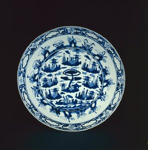 Blåt og hvidt fad malet med klippeøer og pavilloner, Wanli eller Tianqi, 1600-25 (porcelæn)