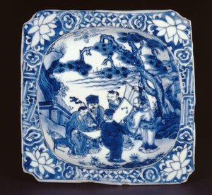 Blå og hvid kosometsuke firkantet fad malet med Shoulao og andre udødelige, Tianqi, 1621-27 (porcelæn)
