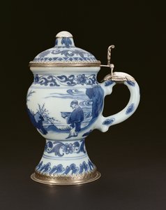 Blå og hvid sennepsgryde med låg malet med en lærd og ledsager, Chongzheng, 1635-40 (porcelæn)