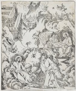 Kristus i ørkenen, tallerken fra Giulio Alenis Tianzhu jiangsheng zhuxiang jingjie (En Illustreret Historie om Himlens Herre, der blev inkarneret i kødet), Jinjiang Kirke, Fujian Provinc af Chinese School