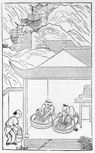 Indsamling og vask af den blå emalje til farvning, fra en række illustrationer om fremstilling af porcelæn (se 384116 & 384117 for hele serien) af Chinese School