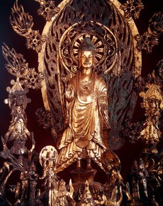 Detalje af en altertavle dedikeret til Buddha Maitreya, 524 (forgyldt bronze) af Chinese School