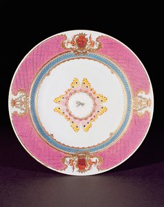 Middagstallerken malet i Famille Rose-emalje med armene fra Grimaldi di Castro, Yongzheng-perioden (1723-35) ca. 1735 (porcelæn)
