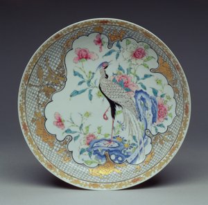 Fad malet med en langhalet fugl, sten og blomster, Yongzheng Periode, 1725-35 (æggeskalsporcelæn)