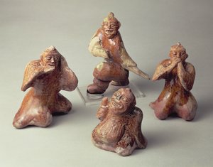 Tidlig kinesisk keramikgruppe på fire entertainere, gravartefakt, Han-dynastiet, 25-220 e.Kr. (keramik)