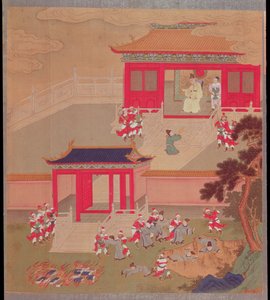 Kejser Chin Wang Ti (r.221-210 f.Kr.) brænder alle kinesiske bøger og kaster akademikerne i en dyb kløft fra en historie med kinesiske kejsere i 213 f.Kr. (farve på silke) af Chinese School