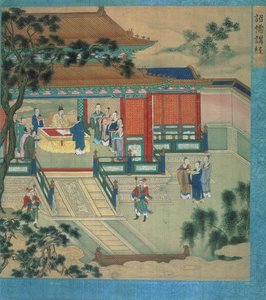 Kejser Hsien Ti (fl.189-220) med lærde, der oversætter klassiske tekster fra en historie med kinesiske kejsere (farve på silke) af Chinese School