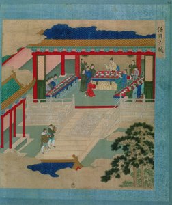 Kejser Hui Tsung (r.1100-26) deltager i en festival, hvor han drikker fra en kop lavet af ædelsten, fra en historie med kinesiske kejsere (farve på silke) af Chinese School