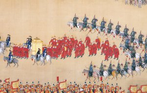 Kejser Qianlongs gennemgang af den store parade af tropper, håndscroll af Chinese School