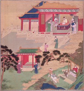 Kejser Tai Tsung (r.762-779) læser en lægebog fra en historie med kinesiske kejsere (farve på silke) af Chinese School