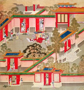 Kejser Wu Ti (156-87, r.141-87 f.Kr.), forlader sit palads, fra en historie med kinesiske kejsere (farve på silke) af Chinese School